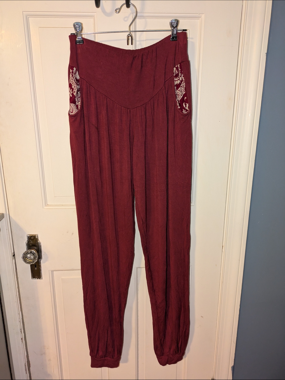 High-Waist Maroon Embroidered Pocket Joggers for Women